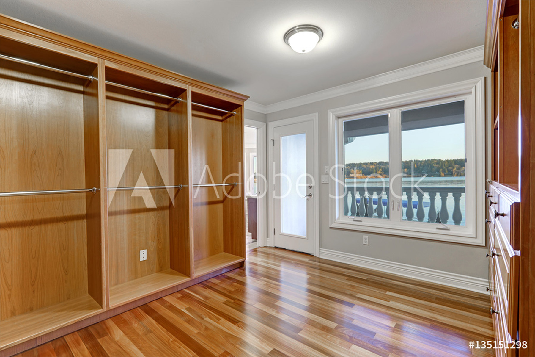 Empty Walk In Closet With Hardwood Floor And Door To Balcony 1